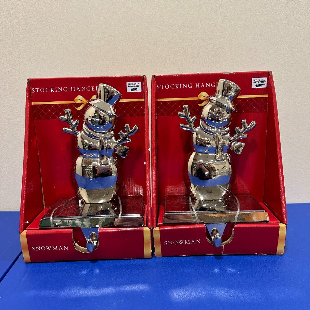 NIB Bed Bath Beyond Snowman Silver Stocking Hanger Christmas Lot of 2